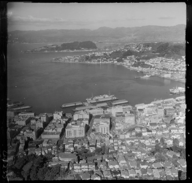 Wellington City and waterfront wharves with Oriental Bay, Mount Victoria and Wellington Harbour beyond