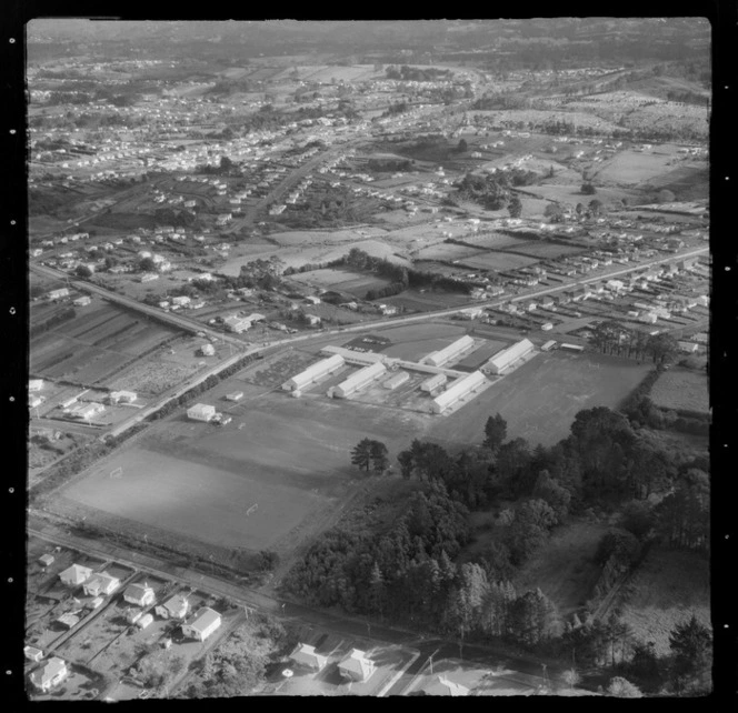 Kelston Girls' School on Lynwood Road in foreground intersection with the Great North Road, Kelston, Auckland City