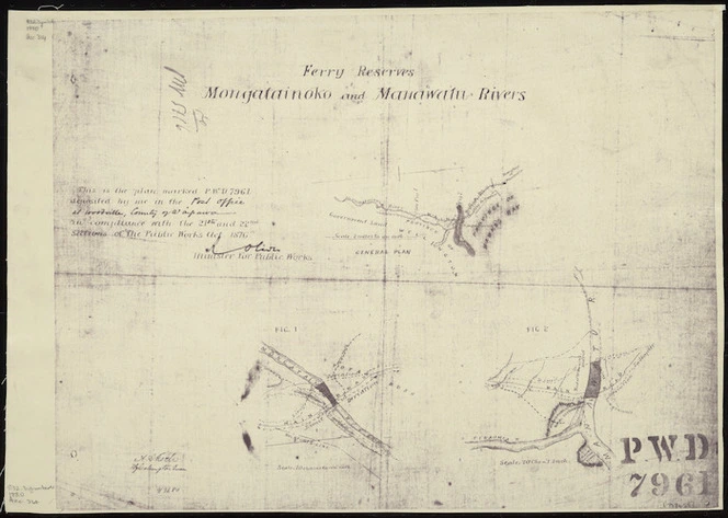 New Zealand. Public Works Department: Ferry reserves, Mongatainoko and Manawatu rivers [copy of ms map]. A.C. Koch, W.G. Collington Swan, 1880.