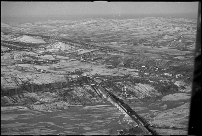 Aerial view looking down the Sangro River, Italy, World War II - Photograph taken by George Kaye