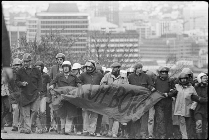 Demonstrators protesting against a South African rugby tour, Wellington