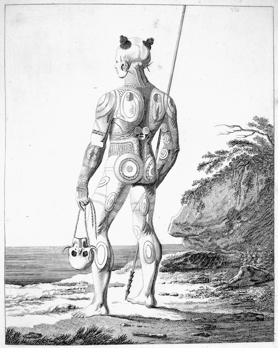Artist unknown :Abbildung eines jungern, noch nicht vollig tatuirten Nukahivers von der Ruckseite. Achtes Kupfer. Frankfurt am Main, Friedrich Wilmans, 1812