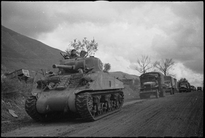 Tanks and transport moving on NZ Sector of the Monte Cassino Front in Italy, World War II - Photograph taken by George Kaye