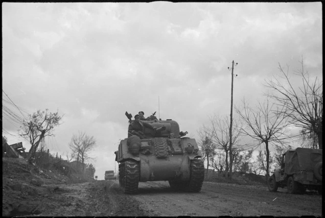 Tanks and transport moving on the NZ Sector of the Cassino Front in Italy, World War II - Photograph taken by George Kaye