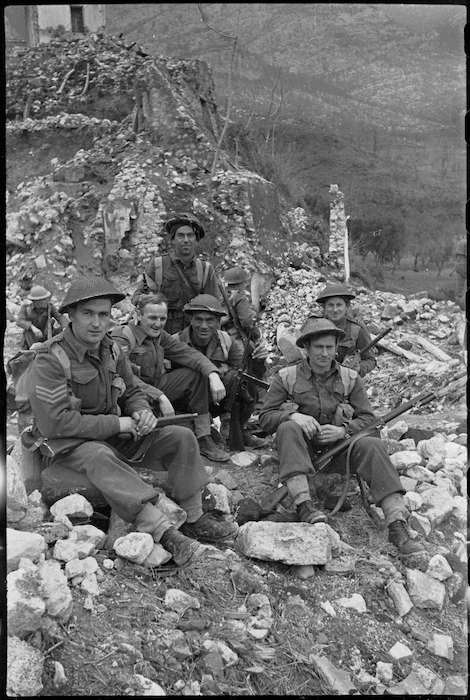 Group of New Zealanders during spell in fighting on the Cassino Front, Italy, World War II - Photograph taken by George Kaye