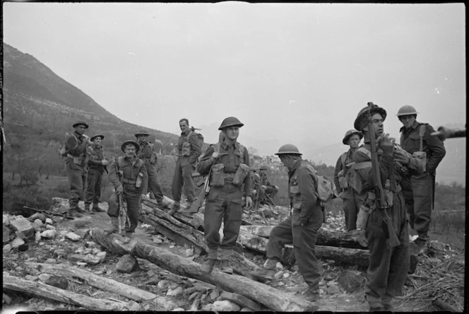 Party of NZ Infantry soldiers recently engaged in the heavy fighting around Cassino, Italy, World War II - Photograph taken by George Kaye