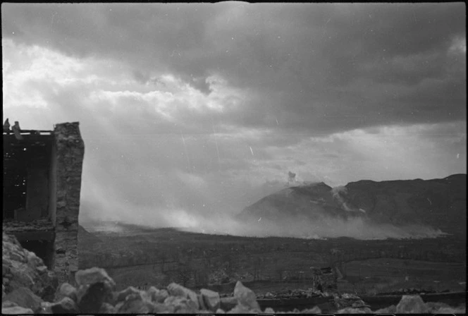 Shellbursts on the Monastery Ridge at Monte Cassino, Italy, World War II - Photograph taken by George Kaye