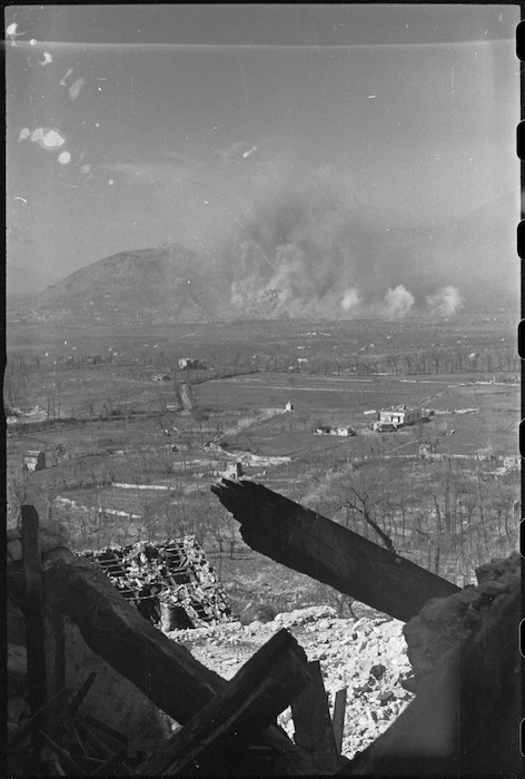 Smoke from shells and bombs bursting on Cassino, Italy, World War II - Photograph taken by George Kaye