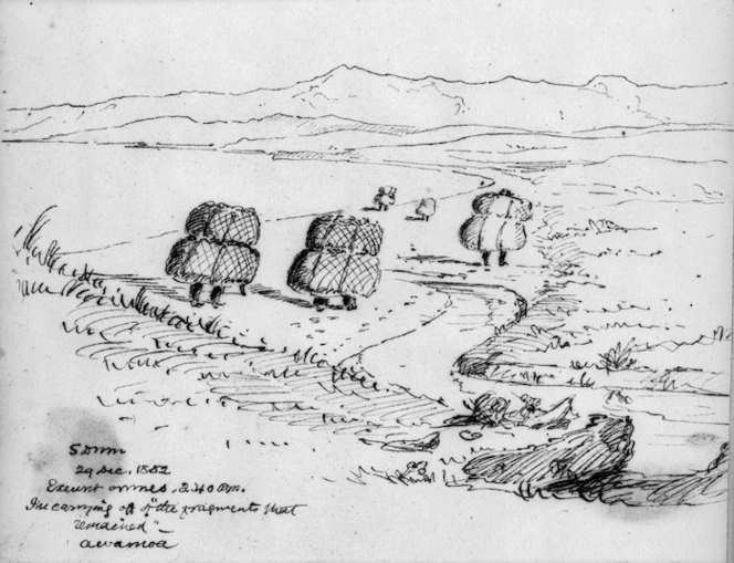 Mantell, Walter Baldock Durrant, 1820-1895 :SDNM, 29 Dec 1852. Exeunt omnes, 2.40 pm. The carrying off of "the fragments that remained" - Awamoa.