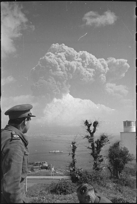 War correspondent Cedric Mentiplay observes Mt Vesuvius erupting Italy, World War II - Photograph taken by George Kaye