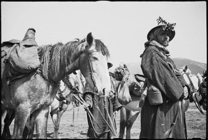 French Moroccan trooper with modern tin hat and native coat on the Cassino Front in Italy, World War II - Photograph taken by George Kaye