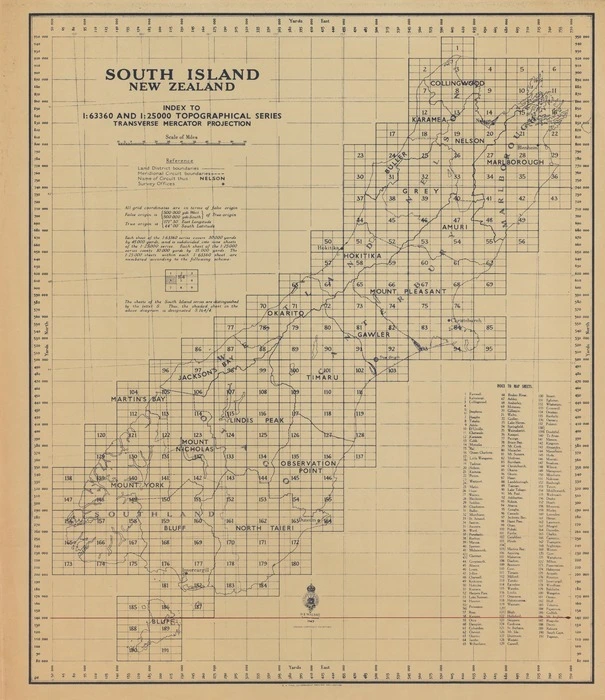 South Island, New Zealand. Index to 1:63360 and 1:25000 topographical series, Transverse Merctor projection [electronic resource].