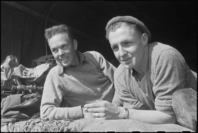 N P McDermott and K S Crawshaw, NZ Infantry, rest immediately behind the line on the Cassino Front, Italy, World War II - Photograph taken by George Kaye