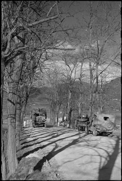 New Zealand transport on the move from Volturno River area to 5th Army Front, Italy, World War II - Photograph taken by George Kaye