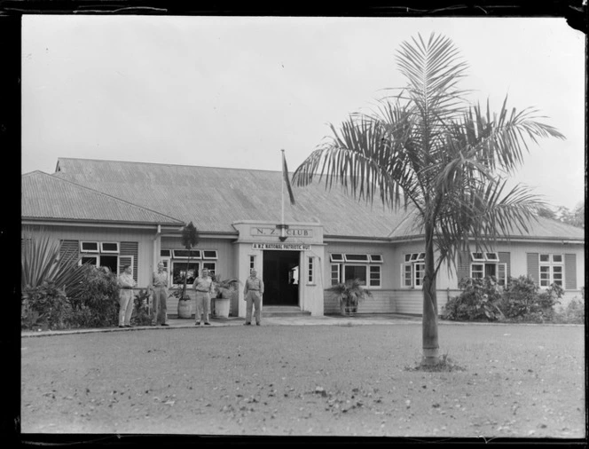 The New Zealand Forces' Club Building with unidentified military personnel [officers?] in front, Suva, Fiji