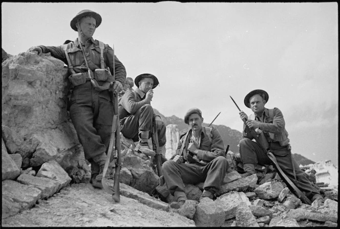 Four New Zealanders on the Cassino battlefront, Italy, World War II - Photograph taken by George Kaye
