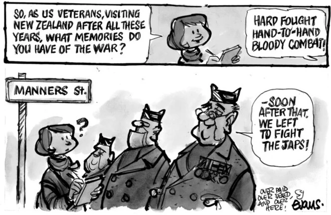 Evans, Malcolm Paul, 1945- :"So, as US veterans, visiting New Zealand after all these years, what memories do you have of the war?" ...28 May 2011