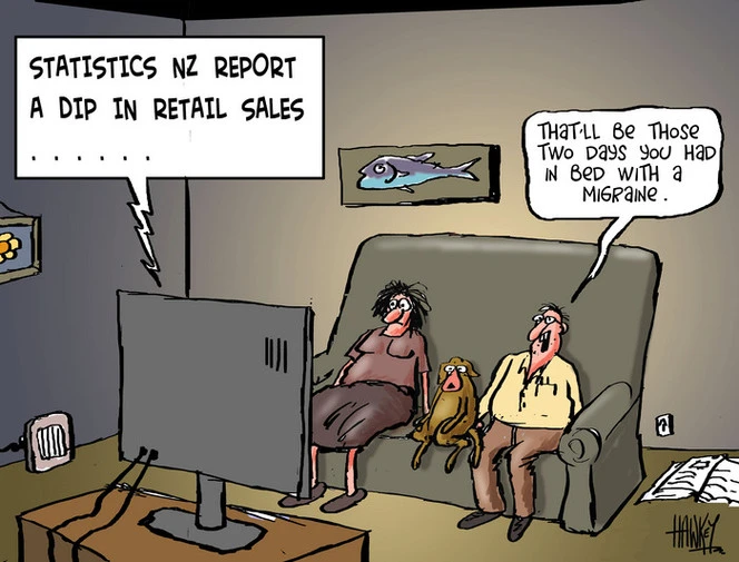 Hawkey, Allan Charles, 1941- :Statistics NZ report a dip in retail sales ...... "That'll be those two days you had in bed with migraine." 16 May 2012