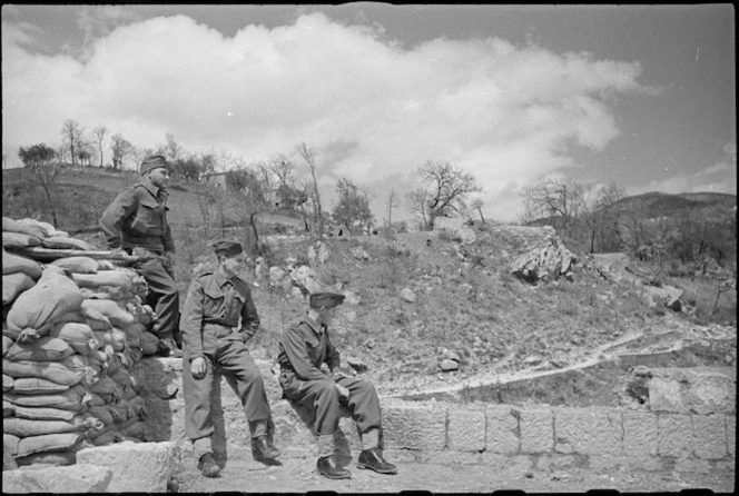 New Zealanders look out on peaceful scene in the Volturno River area, Italian Front, World War II - Photograph taken by George Kaye