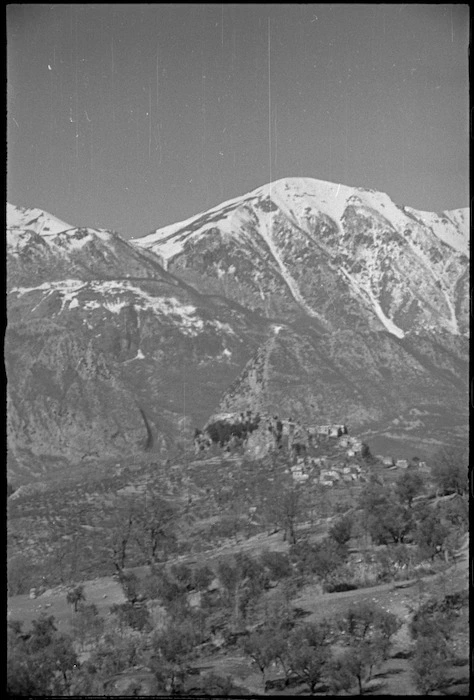 Looking towards snowclad mountains above the village of San Vincenzo on the Italian Front, World War II - Photograph taken by George Kaye