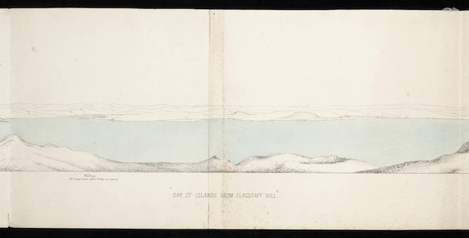 [Hector, Sir James] 1834-1907 :Bay of Islands from Flagstaff Hill. Waitangi. Mr Busby's house where Treaty was signed [Central section. 1865]