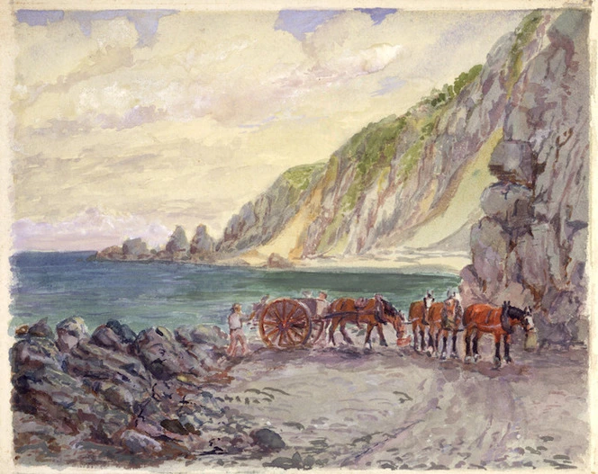 [Hackworth, James Brooks, 1853-1933]: [Men loading shingle on to dray with a four-horse team. ca 1910]