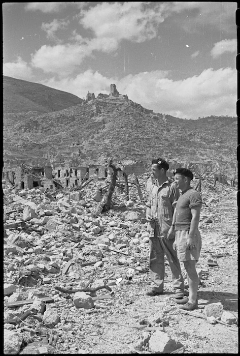 New Zealanders survey the ruins of Cassino, Italy, World War II - Photograph taken by George Kaye