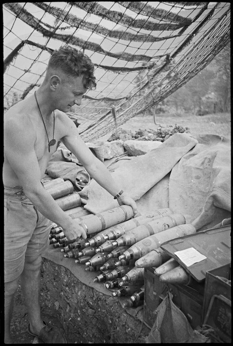 Gun crew of one of NZ Divisional Artillery guns on the Cassino Front, Italy, World War II - Photograph taken by George Kaye