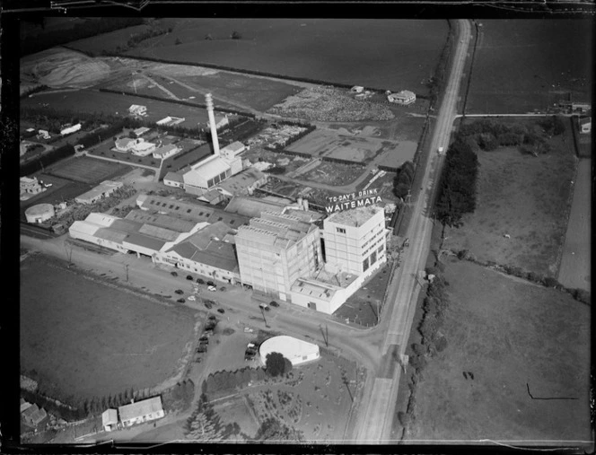 Waitemata Brewery, Otahuhu, Auckland, with a sign reading 'To-day's Drink Waitemata'