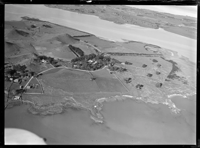 View of the Kellihers' Puketutu Island farm, with homestead surrounded by bush and open farmland, Manukau Harbour, South Auckland