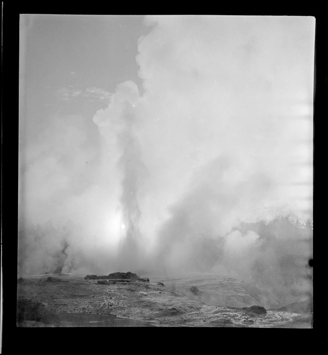 View of geyser erupting, Whakarewarewa, Rotorua, Bay of Plenty