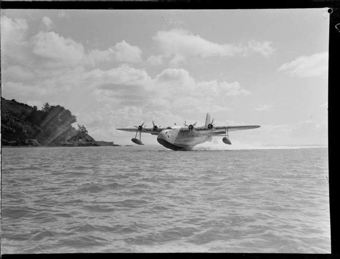 TEAL Short Tasman flying boat ZK-AMD Clipper 'Australia' taking off, Auckland