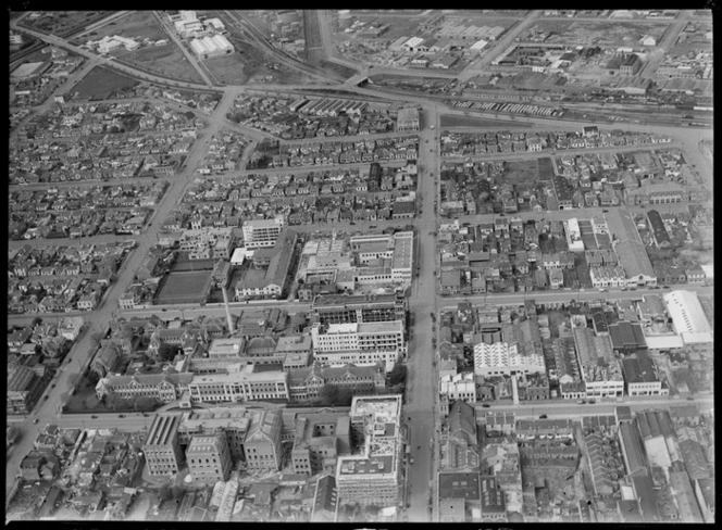 Dunedin City with Frederick and Hanover Streets looking towards the wharf industrial area, Otago