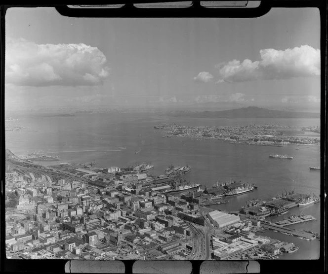 Auckland CBD and waterfront area, looking to Devonport and the Waitemata Harbour entrance, Auckland City