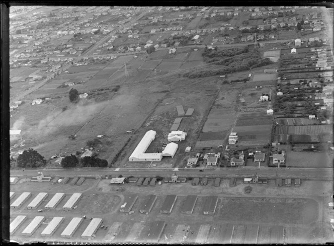 View of Steel Pipe and Engineering Co NZ Ltd factory buildings surrounded by residential housing, Onehunga, South Auckland