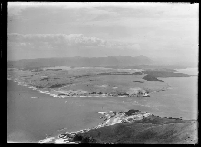 View of the Hokianga Harbour entrance with sandbar and tidal rip and Omapere Beach in foreground, looking north, Northland Region