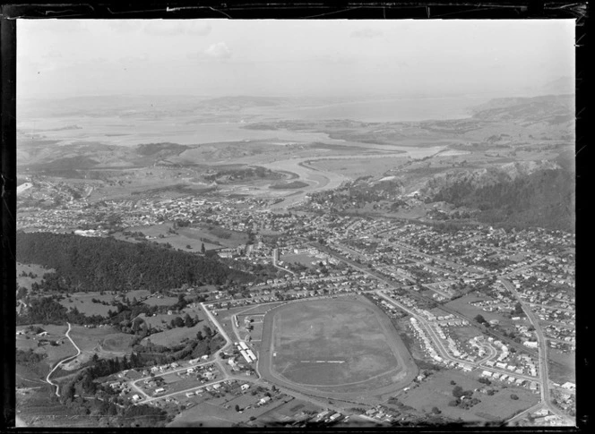 Aerial view of Whangarei, including racecourse, Hatea River and Whangarei Habour, Northland region