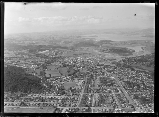 Aerial view of Whangarei, including Rugby Park, Hatea River and Whangarei Habour, Northland region
