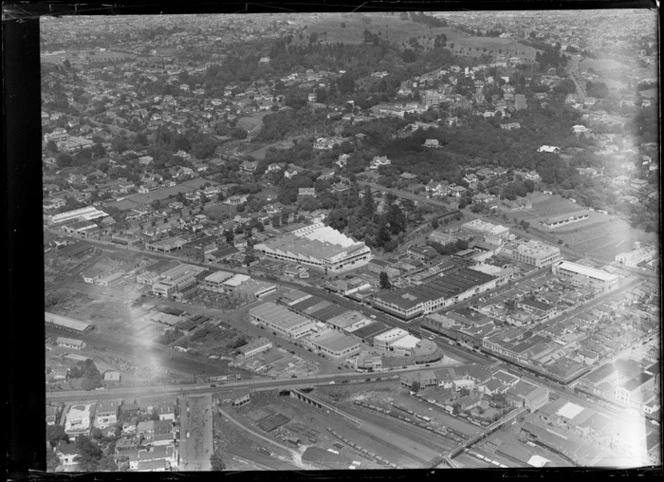 Dominion Motors Ltd and Hardleys Ltd buildings on Broadway Road with Remuera Road intersection in foreground, Newmarket, Auckland City