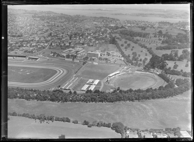 Alexandra Park trotting and show grounds with Greenlane Hospital beyond, looking south to the Manukau Harbour, Epsom, Auckland City