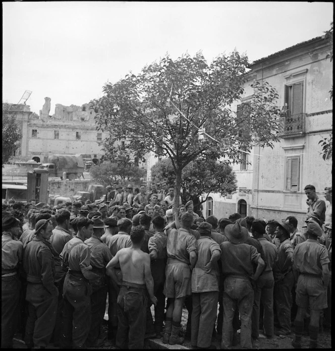 Prime Minister Peter Fraser addresses New Zealand troops in Atina, Italy, World War II - Photograph taken by M D Elias
