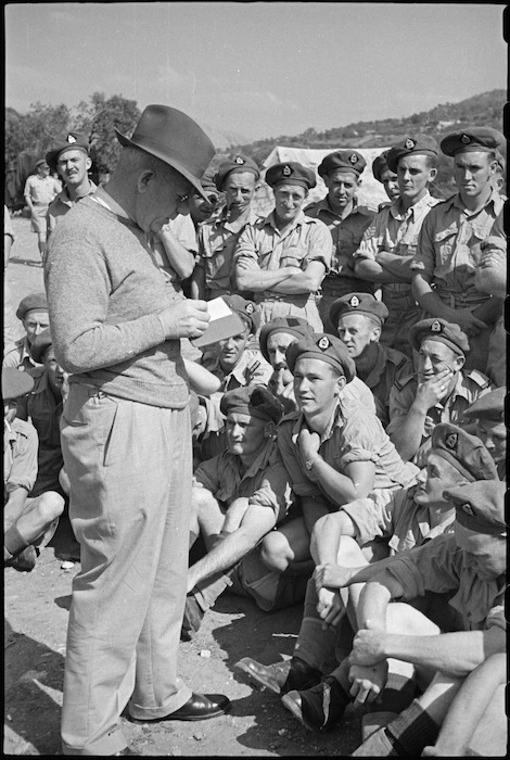 Prime Minister Peter Fraser with New Zealand troops in the Cassino area, Italy, World War II - Photograph taken by George Bull