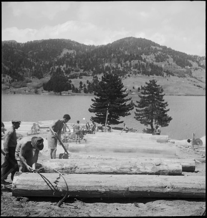 Rolling logs down to the saw at the NZ Forestry Unit in southern Italy, World War II - Photograph taken by M D Elias