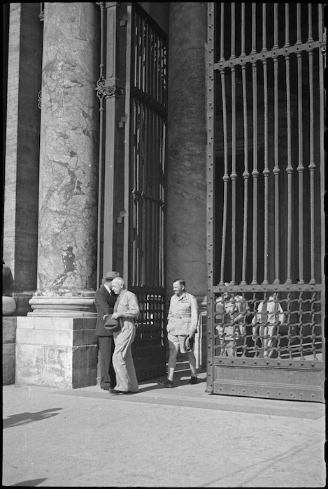 Prime Minister Peter Fraser and General Bernard Freyberg leaving St Peter's Basilica, Vatican City, Italy, World War II - Photograph taken by George Bull