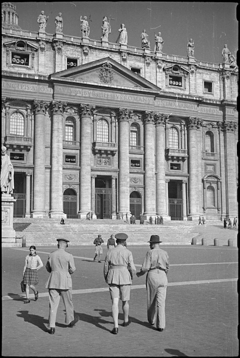 Generals Puttick and Freyberg and Mr Peter Fraser approaching St Peter's, Rome, Italy, World War II - Photograph taken by George Bull