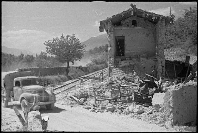 Railway crossing outside Italian village of Balsorano destroyed by retreating German troops, World War II - Photograph taken by George Kaye