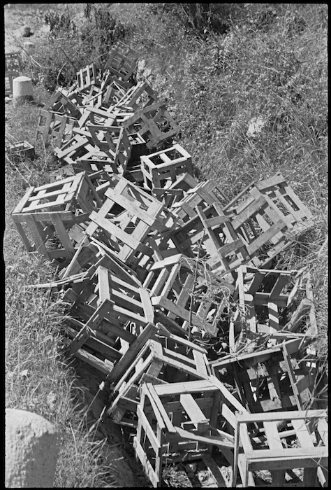 Heap of enemy mine crates in the Balsorano area, Italy, World War II - Photograph taken by George Kaye