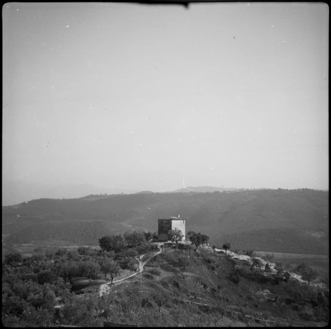 White flag flies from outpost at Brocco, Italy, as 2 NZ Division approaches, World War II - Photograph taken by Cedric Mentiplay