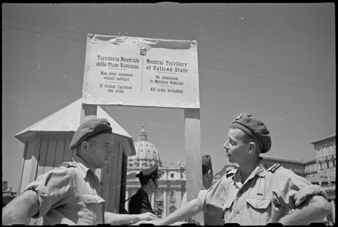 L J Botten and A Akers, on leave in Rome, at the entrance to the Vatican City, Italy, World War II - Photograph taken by George Kaye