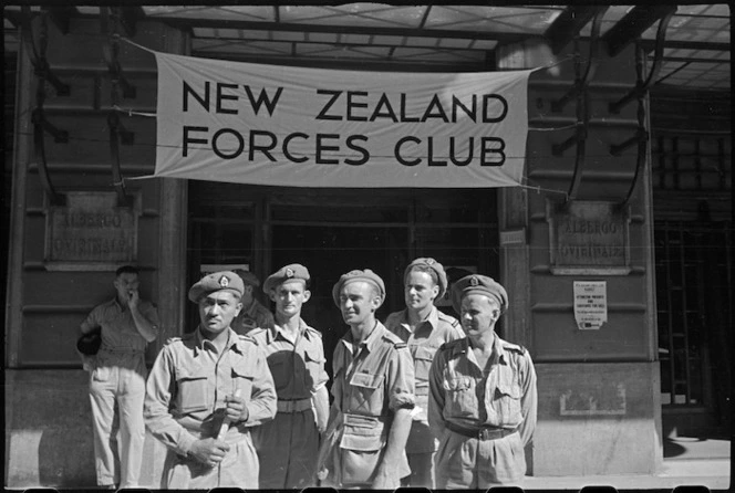 Group of New Zealanders on leave outside the New Zealand Forces Club in Rome, Italy, World War II - Photograph taken by George Kaye
